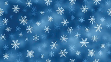 Poster - This seamless pattern features intricate white snowflakes on a blue background, perfect for winter decor, packaging, or textile design, evoking a festive atmosphere SEAMLESS PATTERN