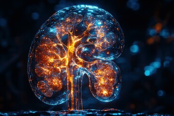 Poster - Glowing, blue and orange, kidney shaped illustration.