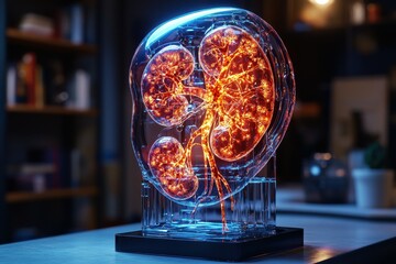 Poster - A glowing anatomical model of human kidneys.