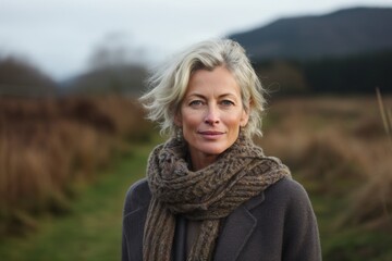 Canvas Print - Portrait of a content woman in her 50s dressed in a warm wool sweater on quiet countryside landscape