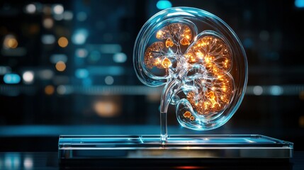 Poster - A 3D model of a human kidney glowing with orange and blue light.