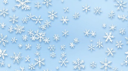 Poster - This seamless pattern features intricate white snowflakes on a blue background, perfect for winter decor, packaging, or textile design, evoking a festive atmosphere SEAMLESS PATTERN