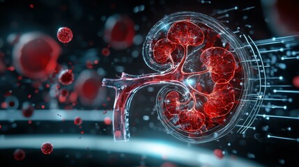 Poster - Digital rendering of a human kidney, glowing red.