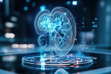 Poster - A digital 3D model of a human kidney, glowing blue against a blurred background.