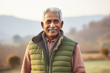 Poster - Portrait of a joyful indian man in his 60s donning a durable down jacket isolated on quiet countryside landscape