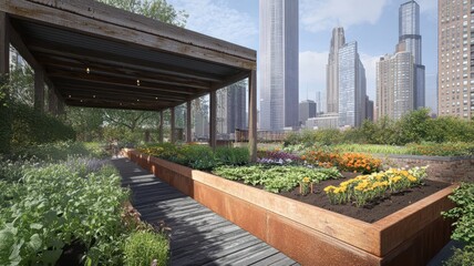 A walkway with a garden in the middle of it