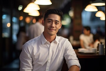 Wall Mural - Portrait of a blissful asian man in his 30s wearing a classic white shirt in bustling city cafe