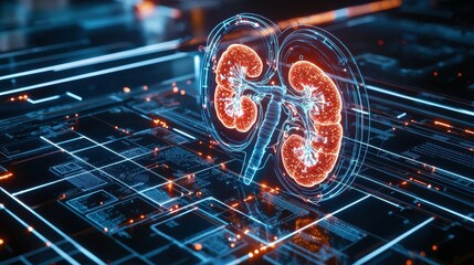 Fototapete - A digital rendering of human kidneys glowing on a circuit board.