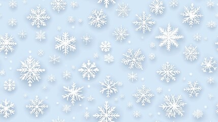 Poster - This seamless pattern features intricate white snowflakes on a blue background, perfect for winter decor, packaging, or textile design, evoking a festive atmosphere. SEAMLESS PATTERN