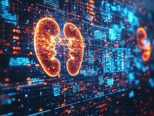 Poster - Digital representation of human kidneys on a circuit board.