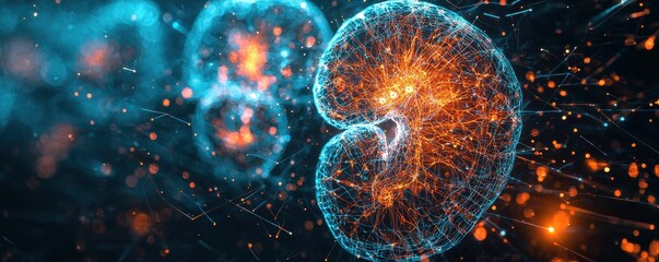 Poster - A digital illustration of a kidney with glowing lines.