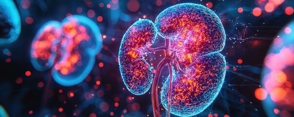Poster - Abstract digital illustration of human kidneys glowing in red and blue.
