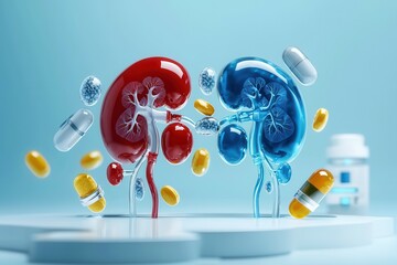 Poster - Glass models of kidneys with pills floating around them.
