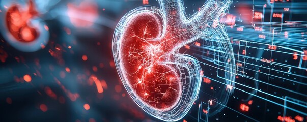 Poster - A digital representation of a kidney, with glowing lines and data.