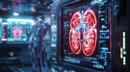 Fototapete - Close-up of a futuristic medical screen displaying a detailed scan of a human organ.