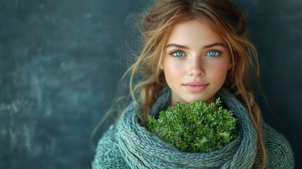 Sticker - Young Woman with Green Plant in a Knitted Scarf