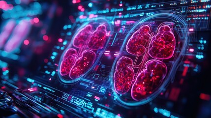 Fototapete - A glowing brain scan on a digital screen.