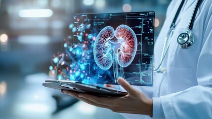 Poster - Doctor examining a 3D digital model of human kidney on a tablet.