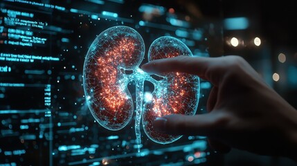 Poster - A hand interacts with a digital rendering of a human kidney.