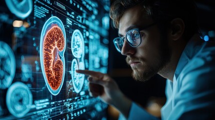 Poster - A man in glasses examines a digital image of a kidney, part of a larger medical study.