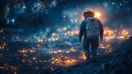 Wall Mural - An astronaut explores a fiery landscape under a starry sky, symbolizing adventure and discovery.