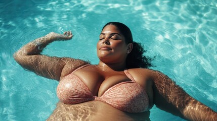 Plus-Size woman in bikini swimsuit swimming in a pool with copy space, celebrating body positivity and feminism in vacation poolside swim