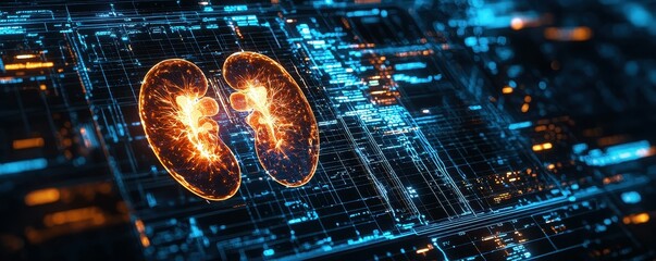 Poster - A digital representation of human kidneys on a futuristic circuit board.