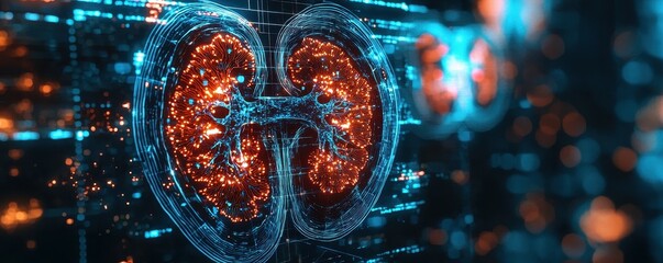 Poster - Digital rendering of a human kidney with a blue and orange color scheme.