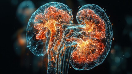 Poster - Digital rendering of a pair of kidneys in glowing orange and blue.