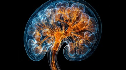 Poster - An abstract representation of a brain, with intricate neural pathways highlighted in warm orange and a cool blue, against a dark background.