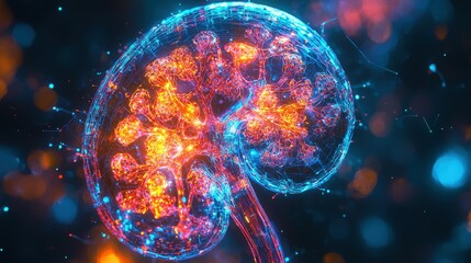 Poster - A digital illustration of a human kidney, with vibrant blue and orange colors.