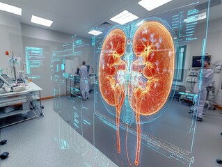 Poster - A large digital screen displays a 3D image of human kidneys in a medical facility.