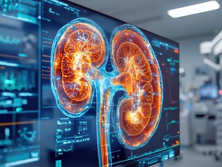 Poster - A digital image of human kidneys on a monitor in a hospital room.