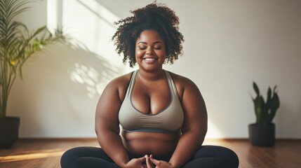 Portrait of smiling plus size beautiful young body positive model doing yoga.