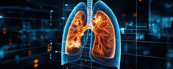 Poster - Digital illustration of human lungs with a futuristic background.