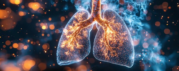Poster - Abstract representation of lungs with glowing details.