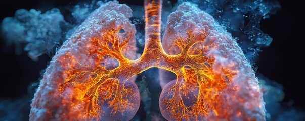 Poster - Abstract image of human lungs glowing with orange and blue hues.