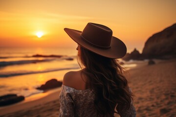 Sticker - Portrait of a satisfied woman in her 40s wearing a rugged cowboy hat isolated on beautiful beach sunset