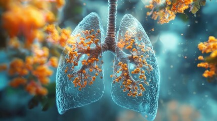Poster - A 3D illustration of human lungs with orange particles.