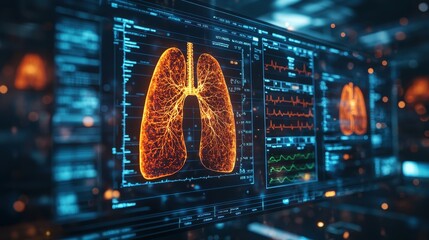 Poster - Digital image of human lungs on a computer screen.