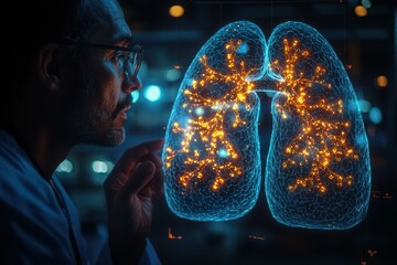 Poster - A man examines a digital model of human lungs, focusing on the intricate network of bronchi and alveoli.