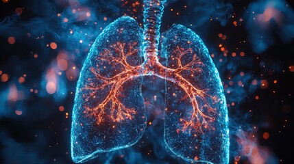 Poster - A digital rendering of human lungs with red and blue glowing lines against a dark background.