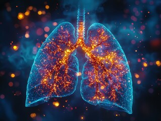 Poster - A digital rendering of human lungs with glowing red and orange particles.