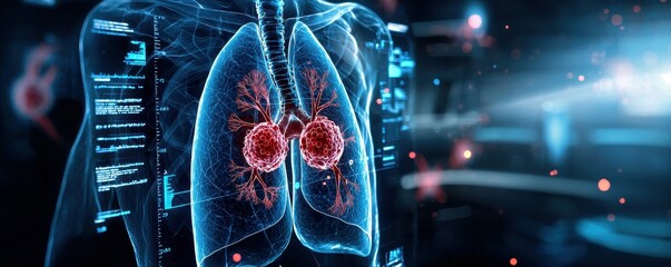 Poster - Digital illustration of human lungs with tumors highlighted in red.