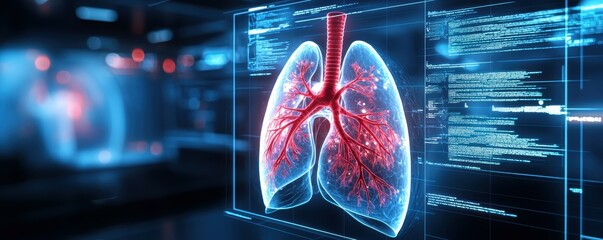 Poster - Digital rendering of human lungs on a screen.