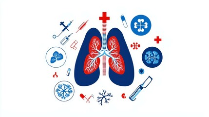 Poster - Medical illustration of human lungs with various medical symbols.
