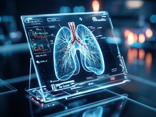 Poster - A digital display of human lungs with red and blue lines.