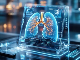 Poster - A digital rendering of the human lungs on a futuristic device.