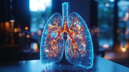 Poster - A 3D model of human lungs with glowing veins, illuminated by a soft blue light.