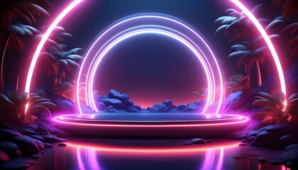 Wall Mural - Futuristic neon portal tunnel with glowing purple laser rays in vibrant 3D render, showcasing the science of light in a modern cyber space environment.